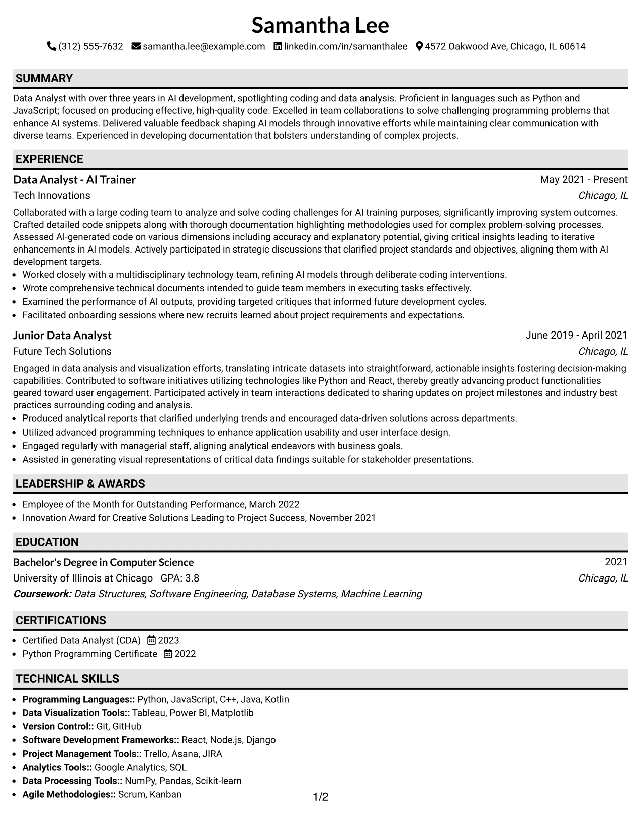 Resume Example Page 1