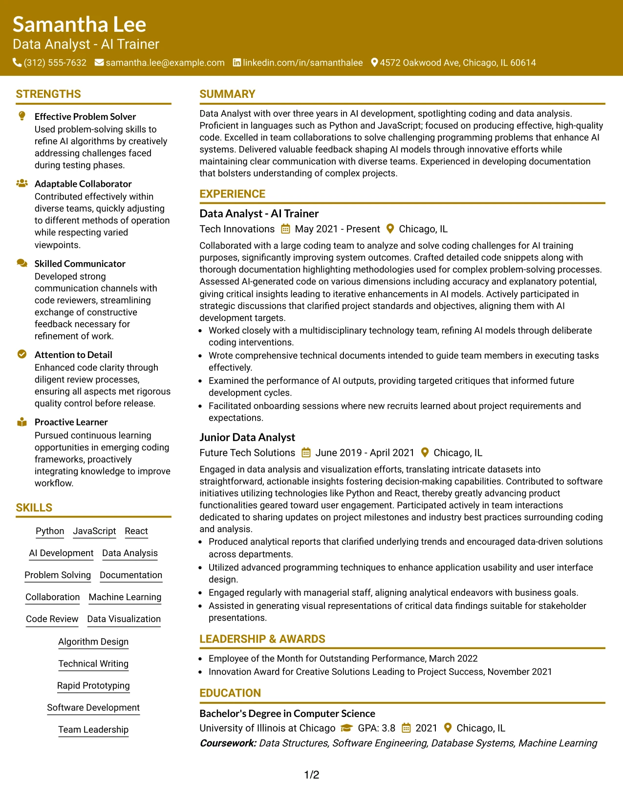 Resume Example Page 1