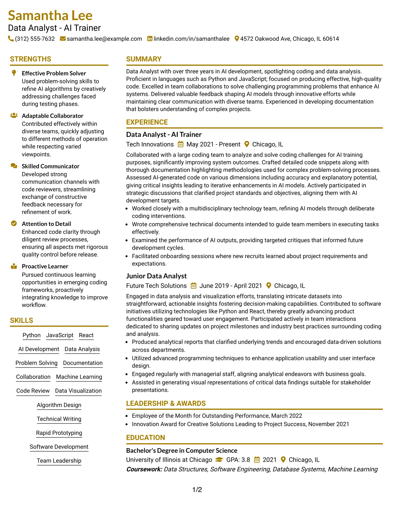 Resume Example Page 1