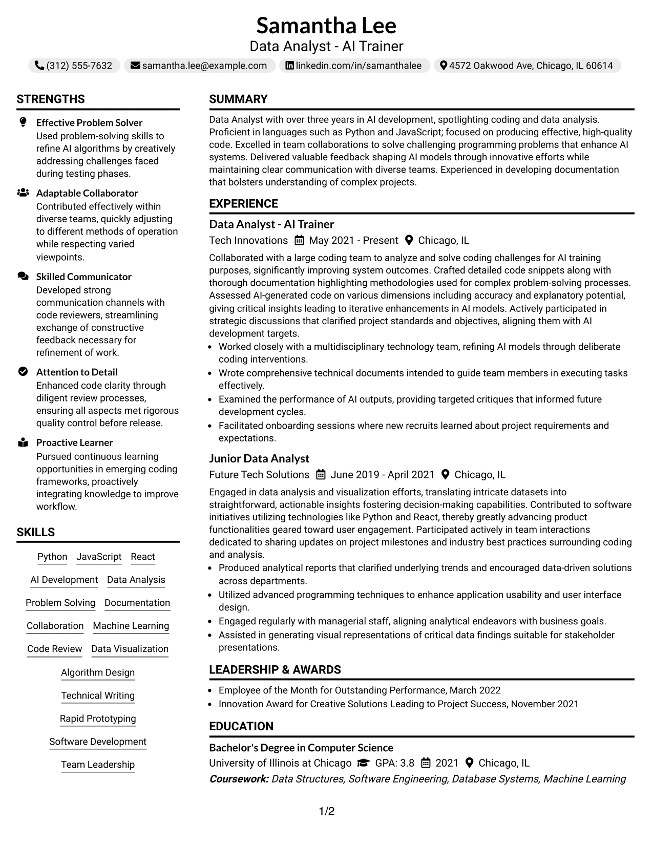 Resume Example Page 1