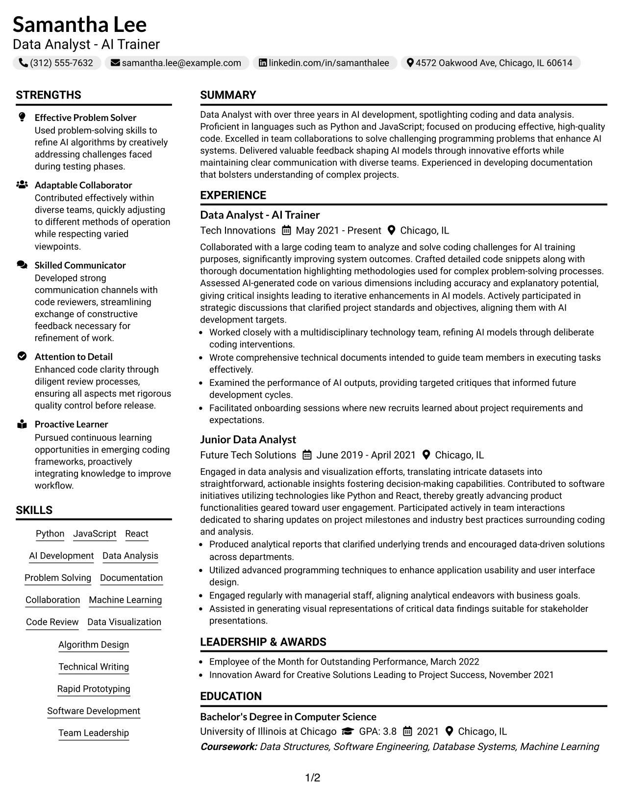 Resume Example Page 1