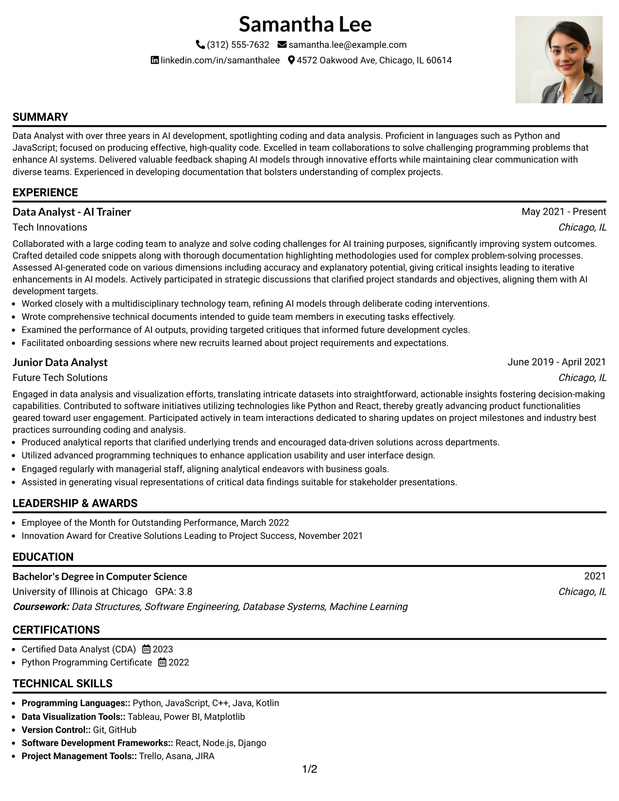 Resume Example Page 1