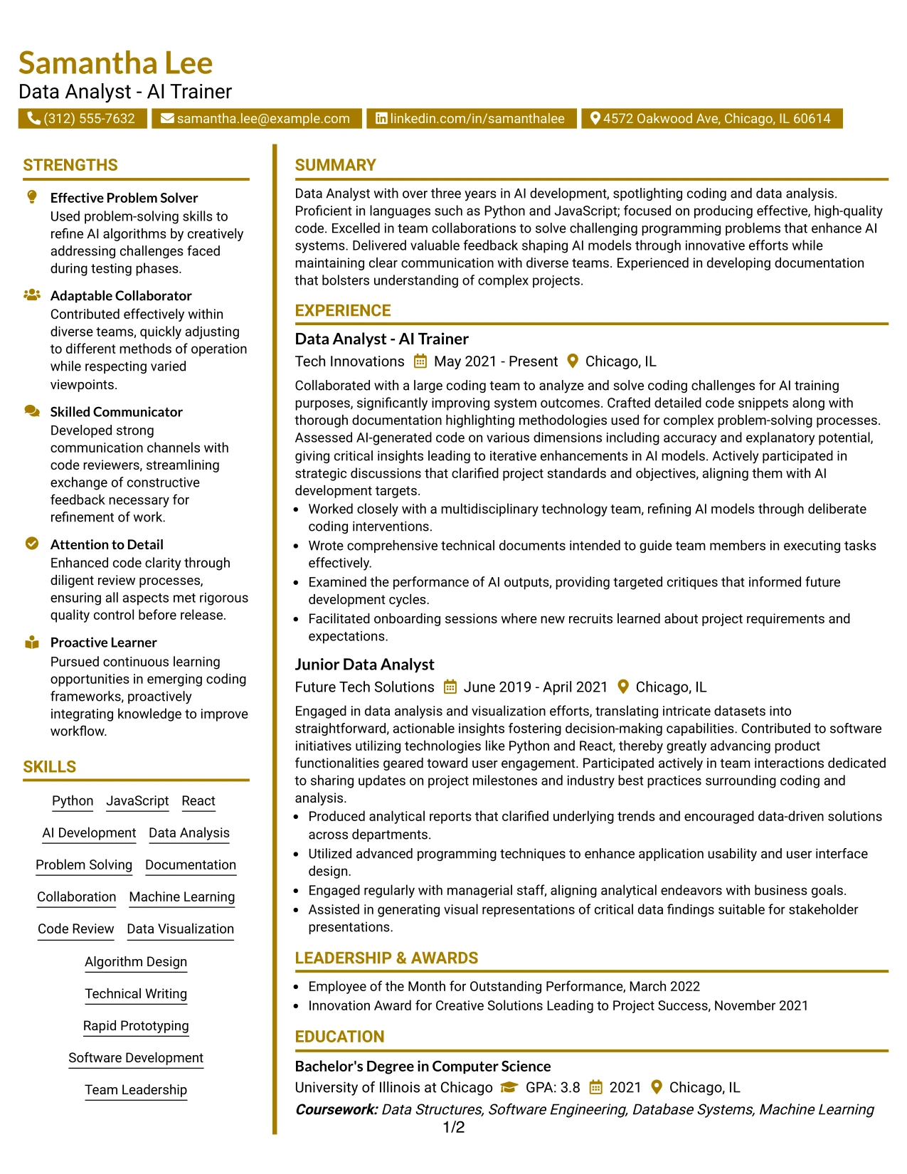 Resume Example Page 1