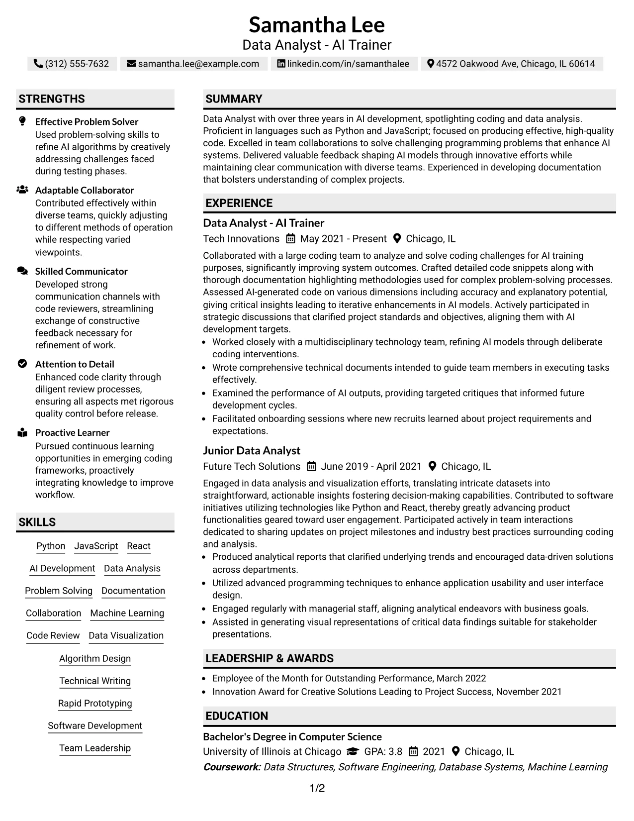 Resume Example Page 1