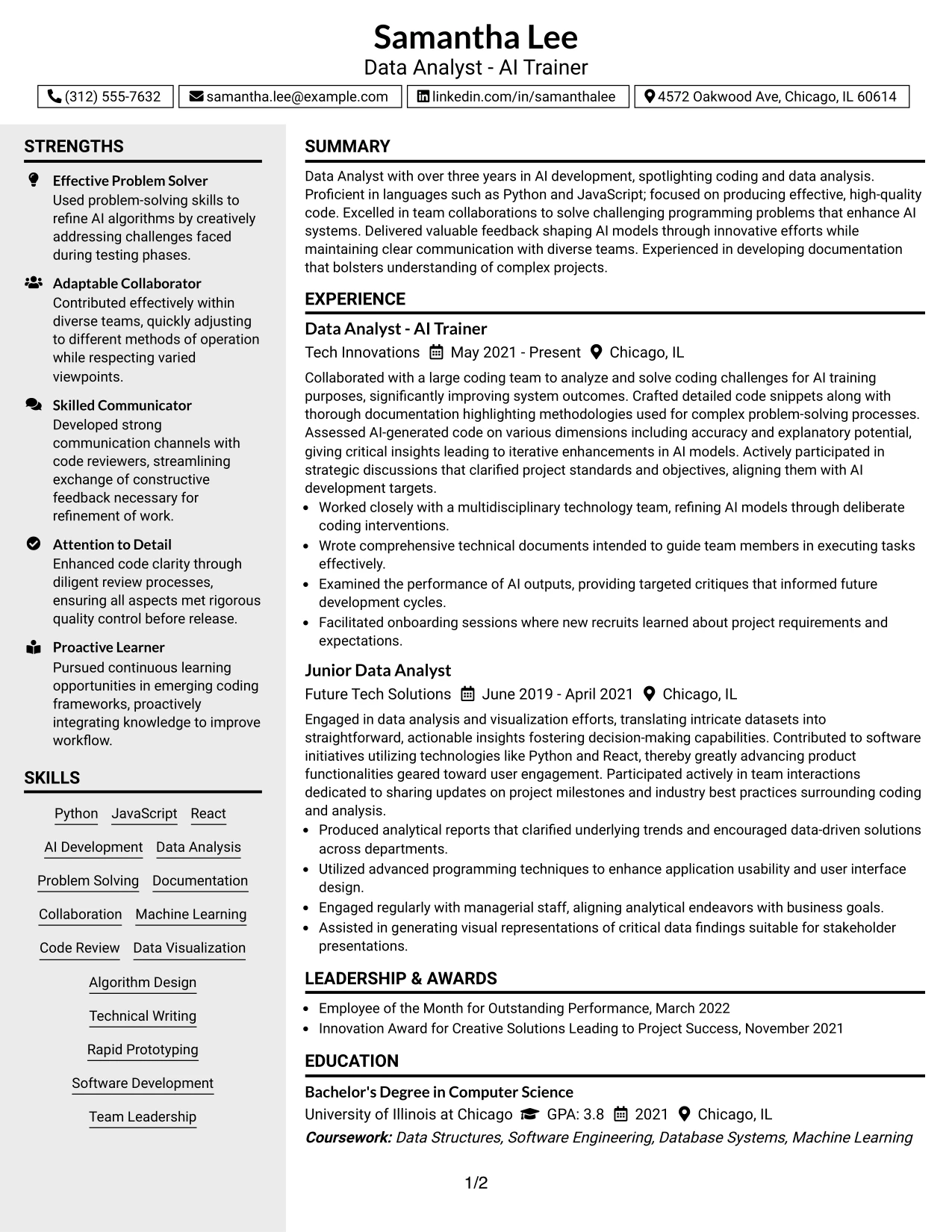 Resume Example Page 1