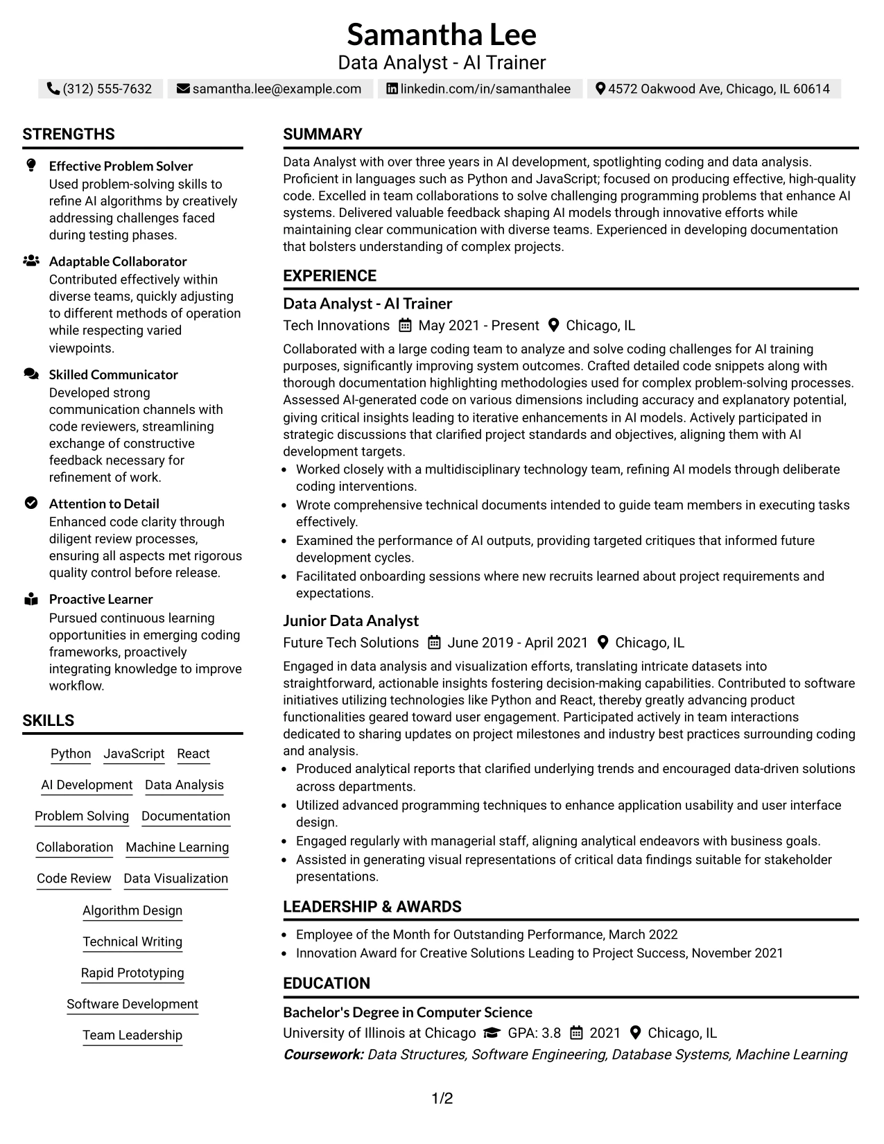 Resume Example Page 1