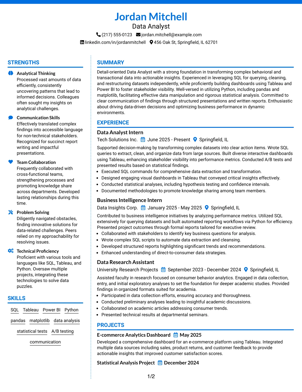 Resume Example Page 1