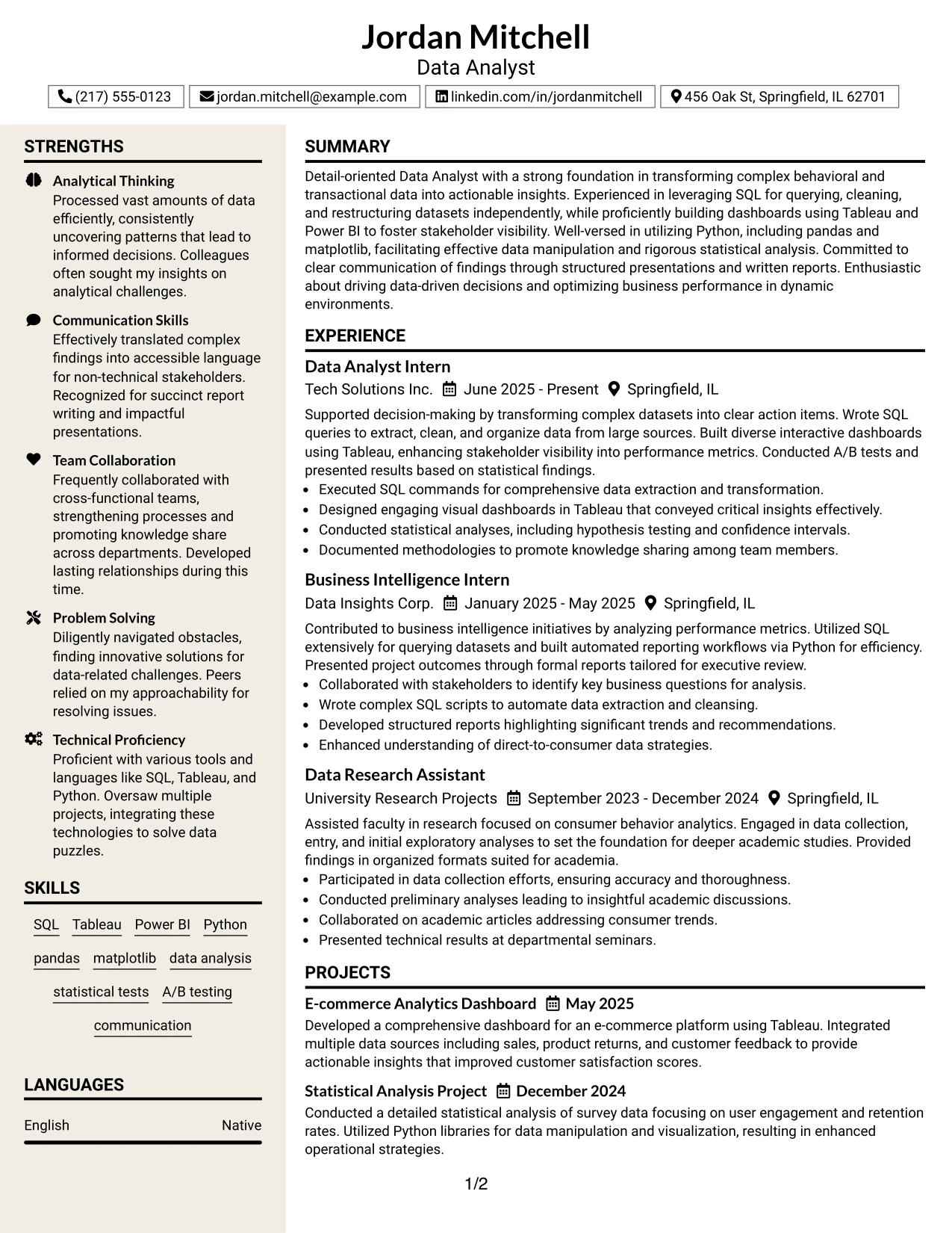 Resume Example Page 1