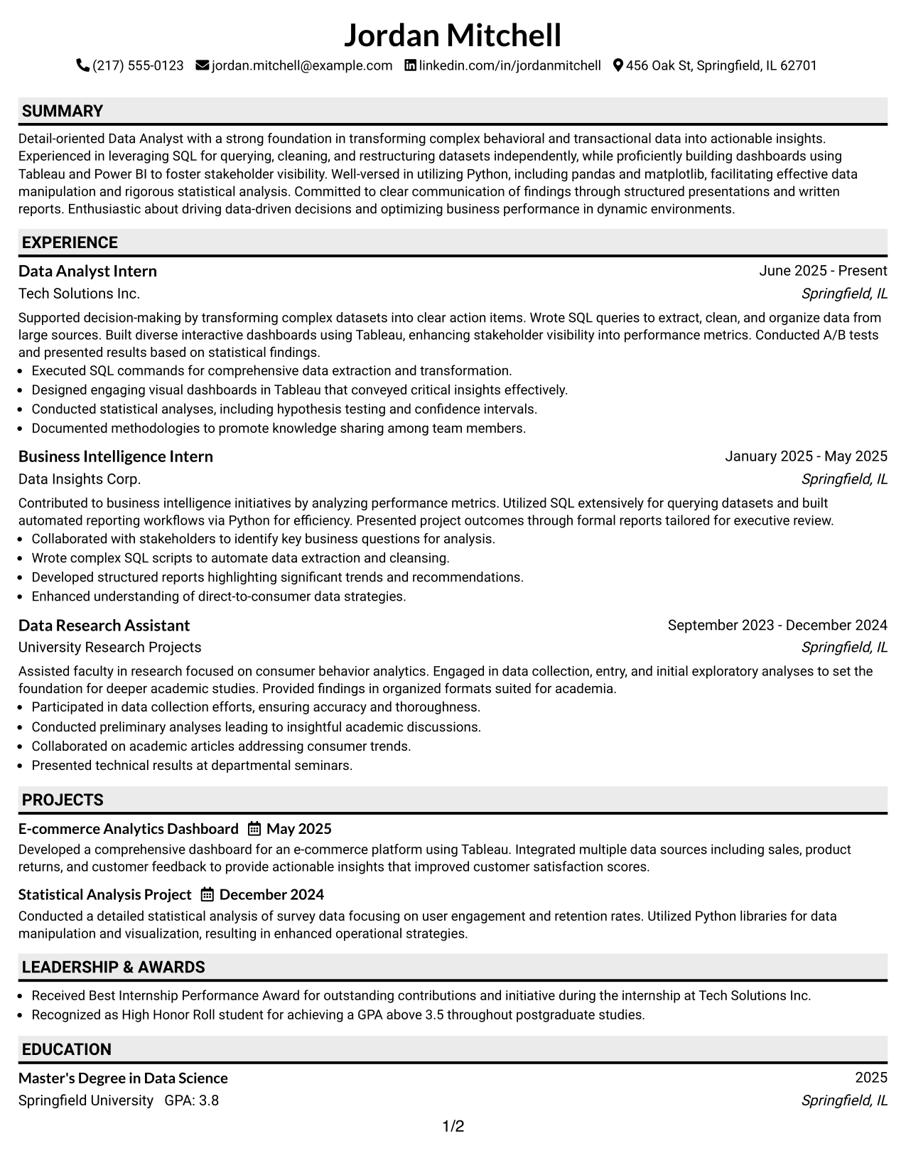 Resume Example Page 1