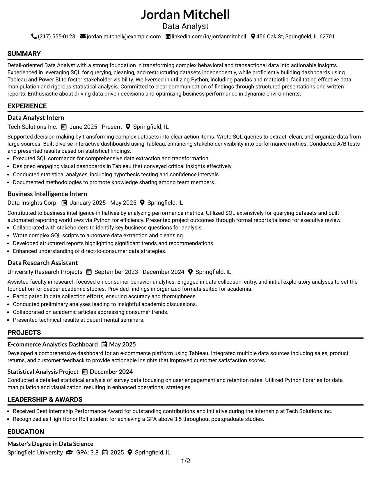 Resume Example Page 1