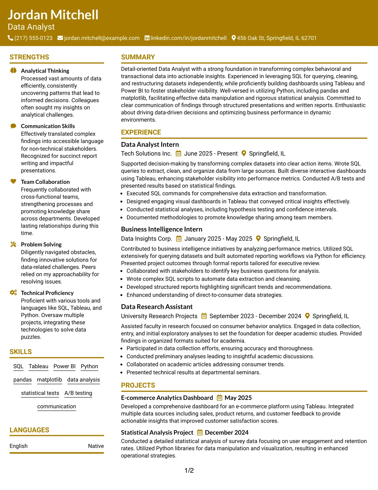 Resume Example Page 1