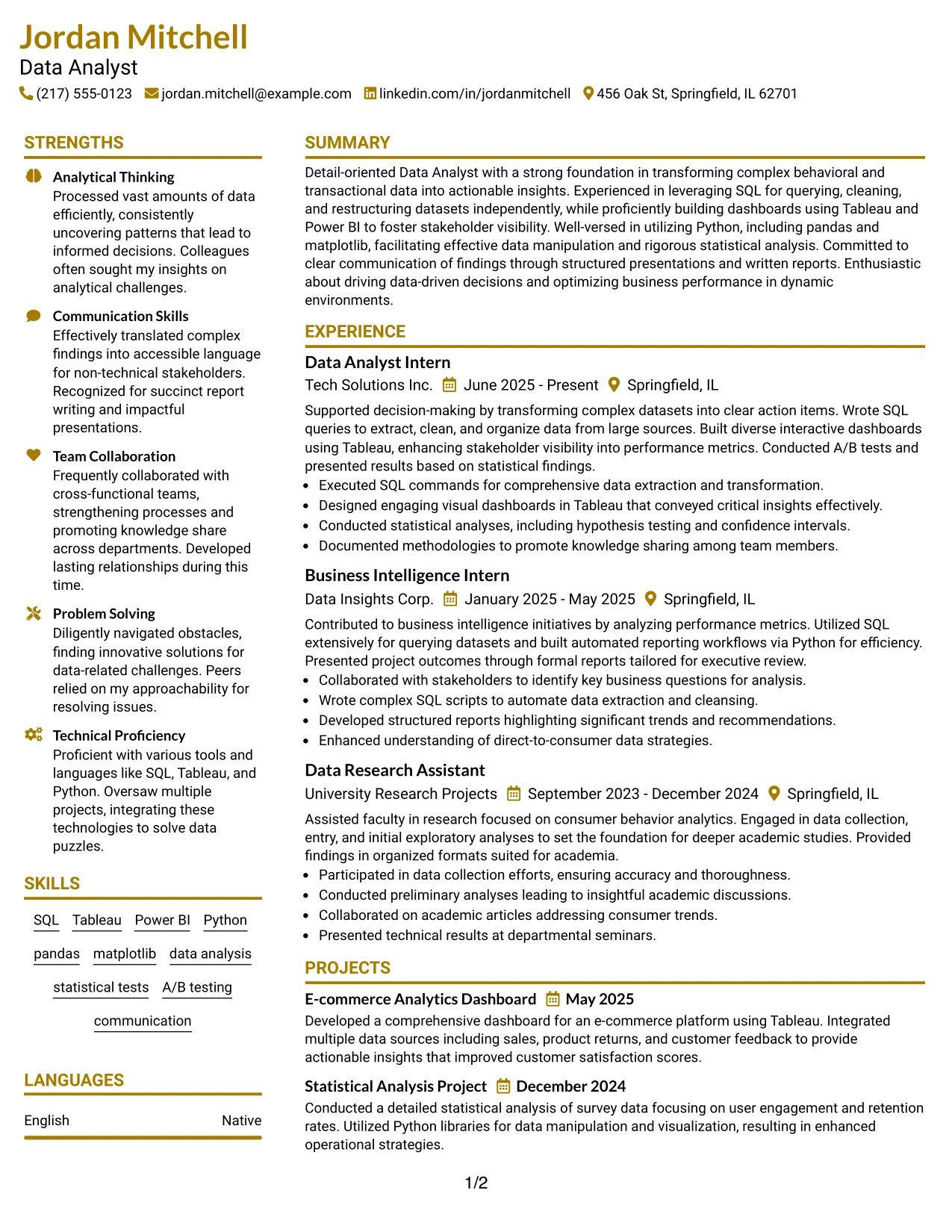 Resume Example Page 1