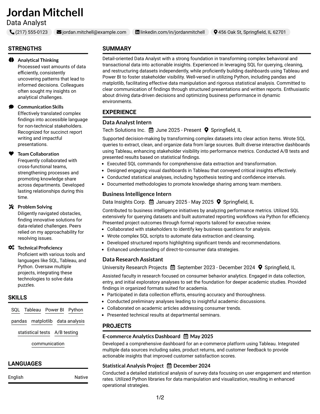 Resume Example Page 1