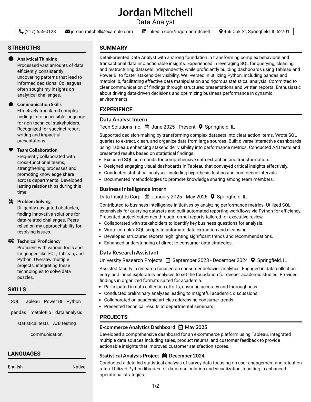 Resume Example Page 1
