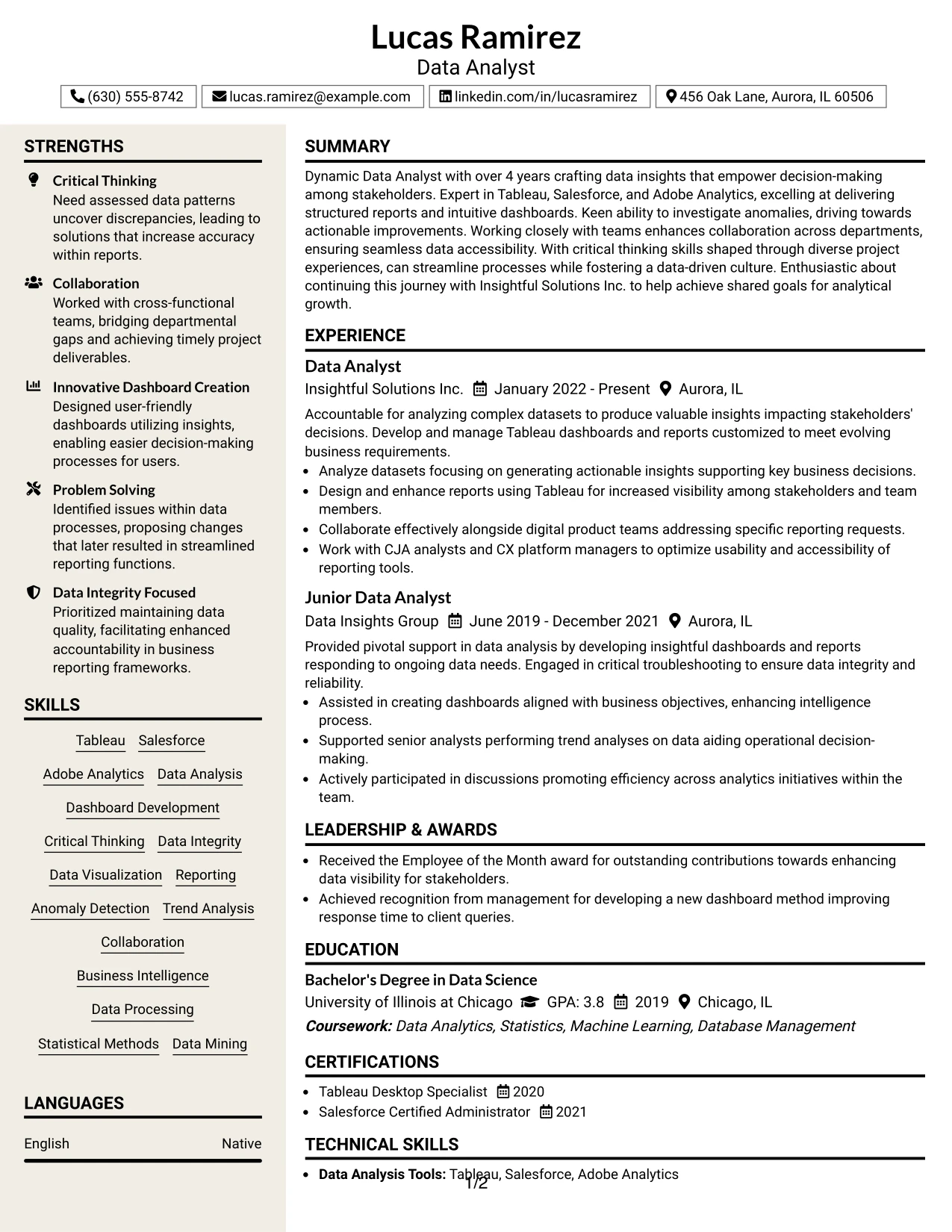 Resume Example Page 1