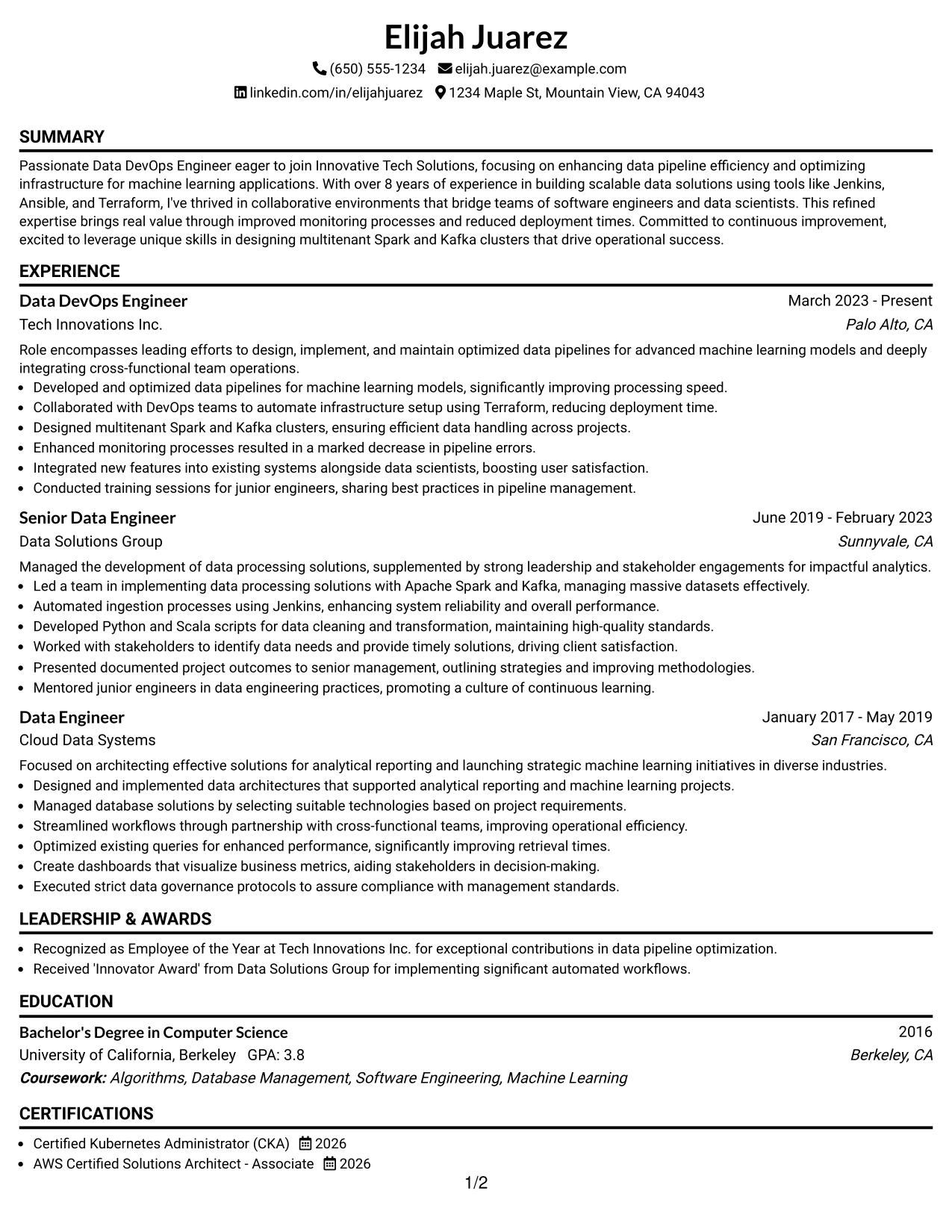 Resume Example Page 1