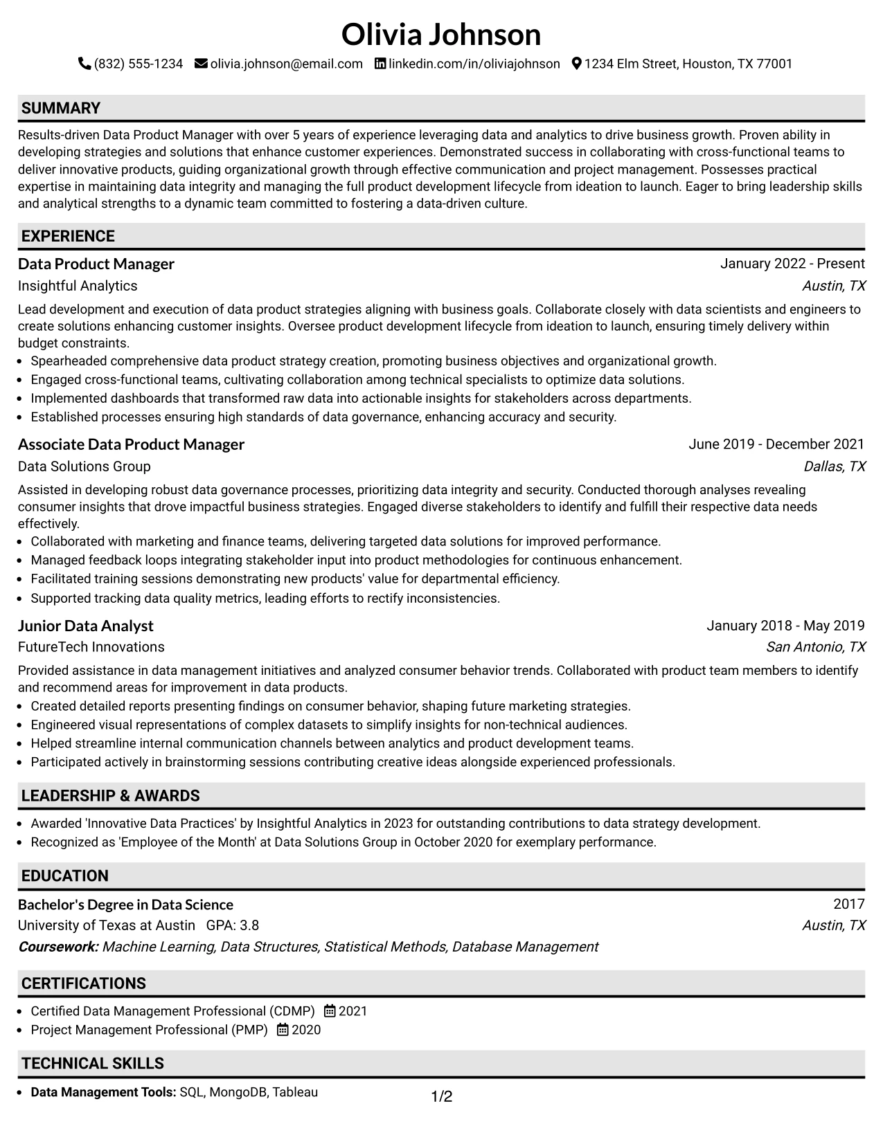 Resume Example Page 1