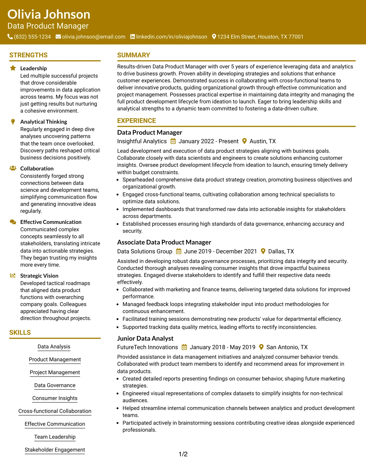 Resume Example Page 1
