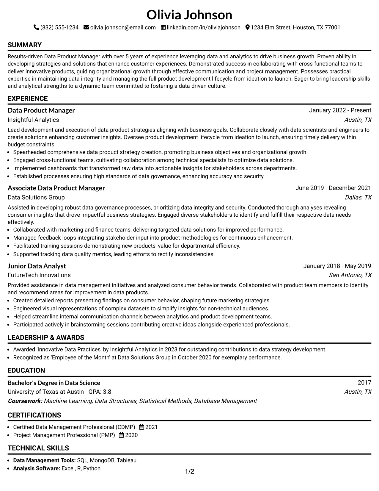Resume Example Page 1