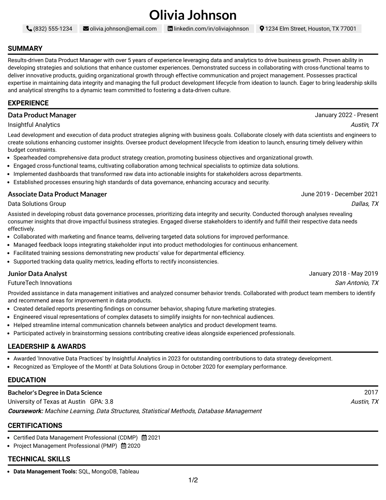 Resume Example Page 1
