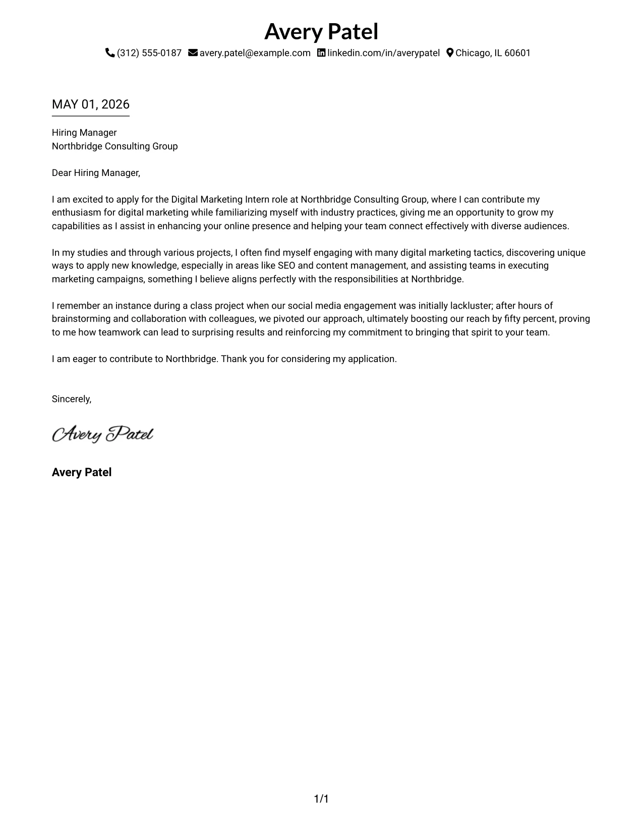 Digital Marketing Intern Cover Letter Example Minimal Header Format