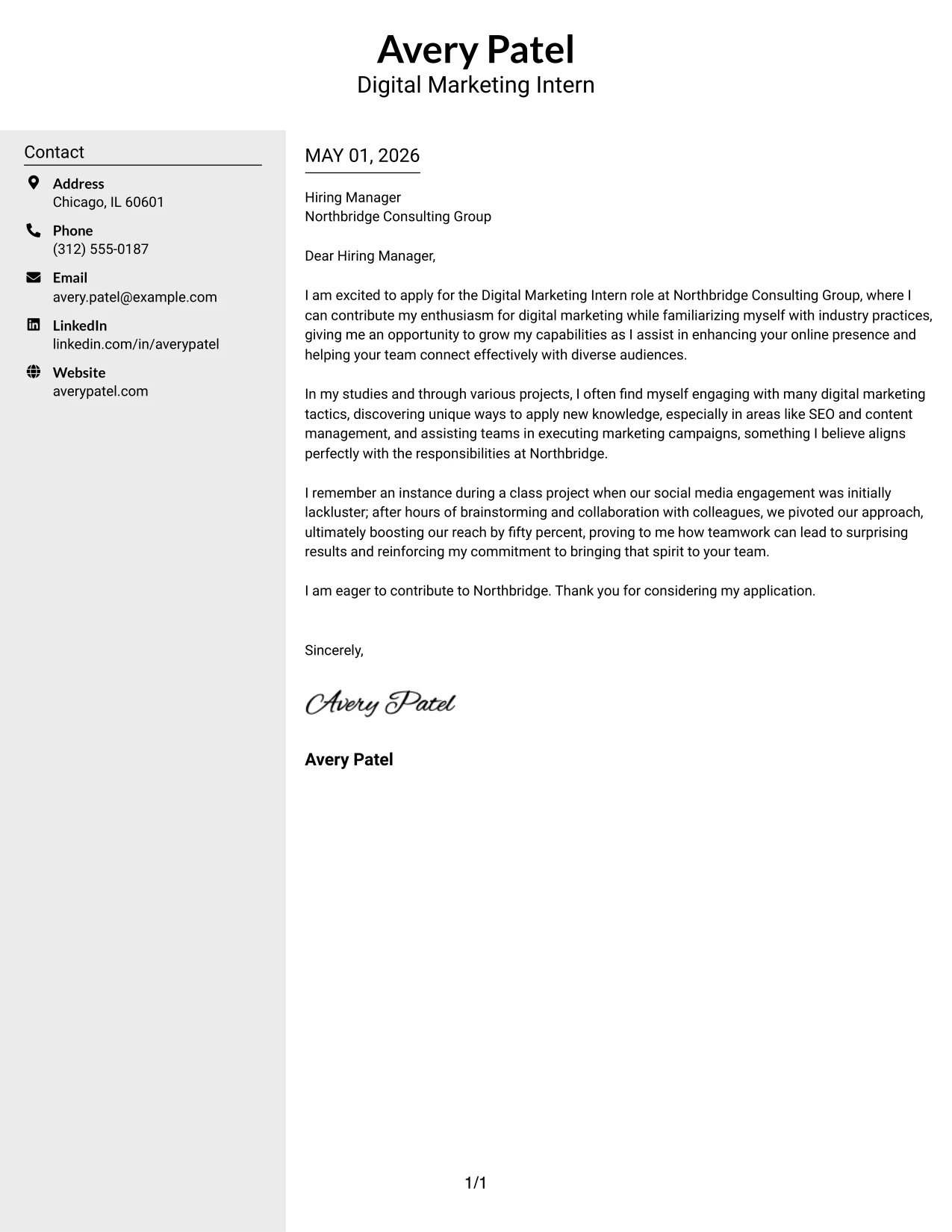 Digital Marketing Intern Cover Letter Example Clean Two Column Sidebar Format