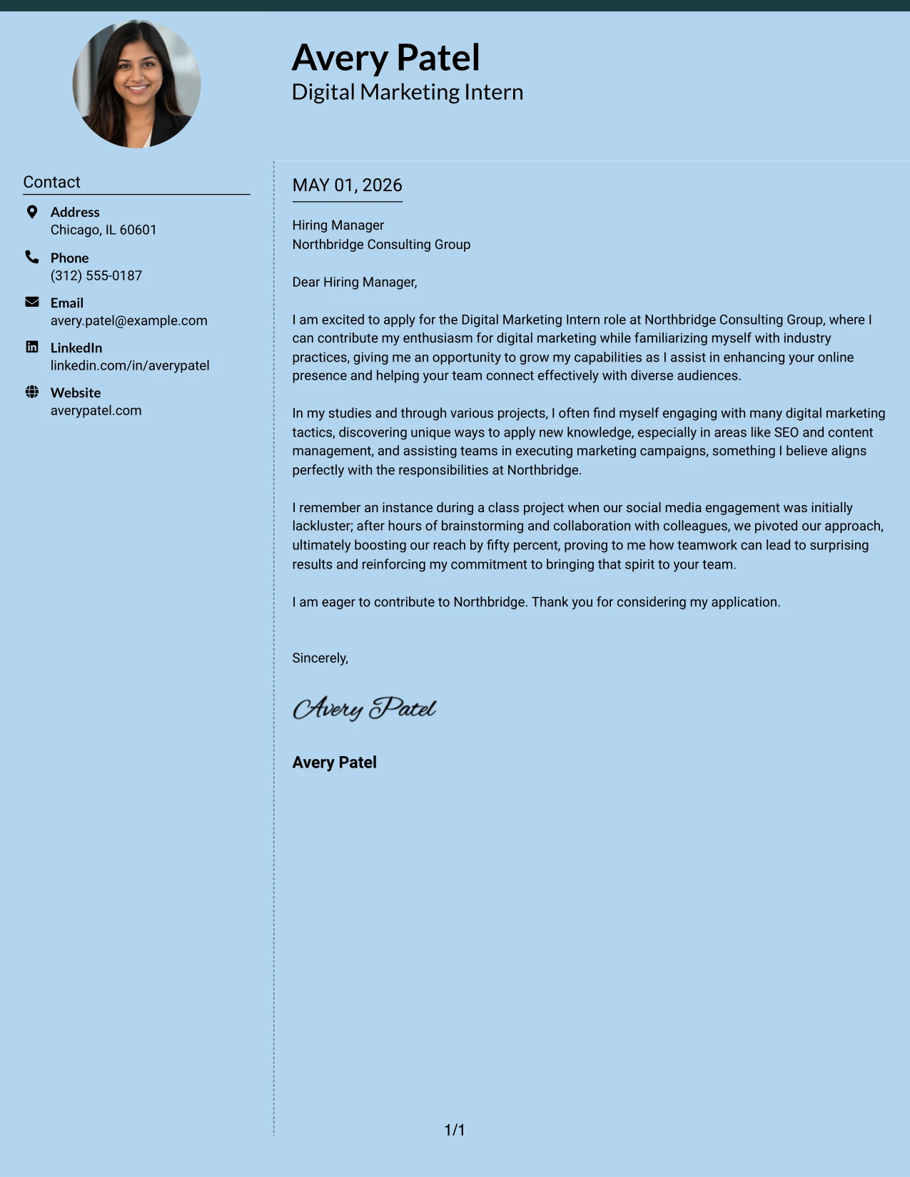 Digital Marketing Intern Cover Letter Example Modern Full Background Two Column Format