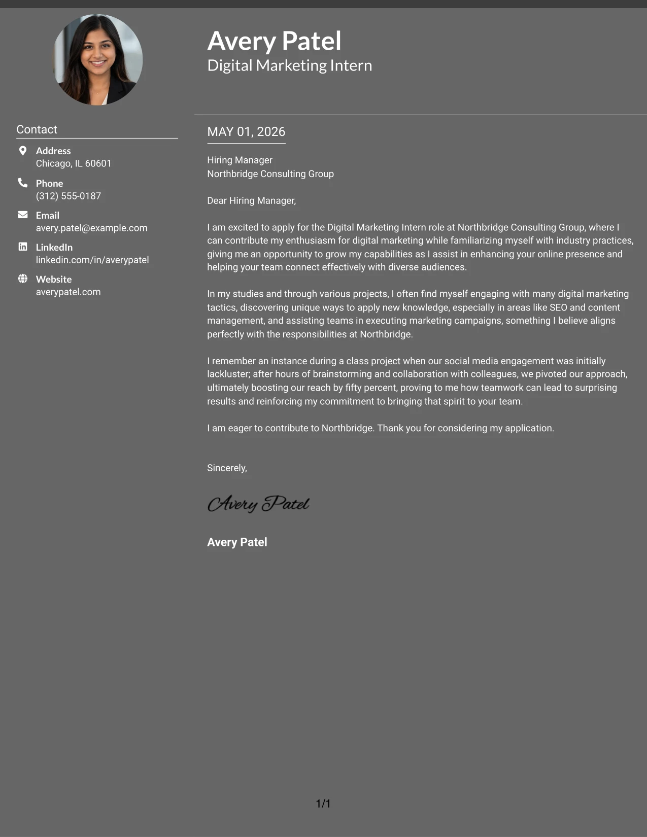 Digital Marketing Intern Cover Letter Example Dark Mode Two Column Format