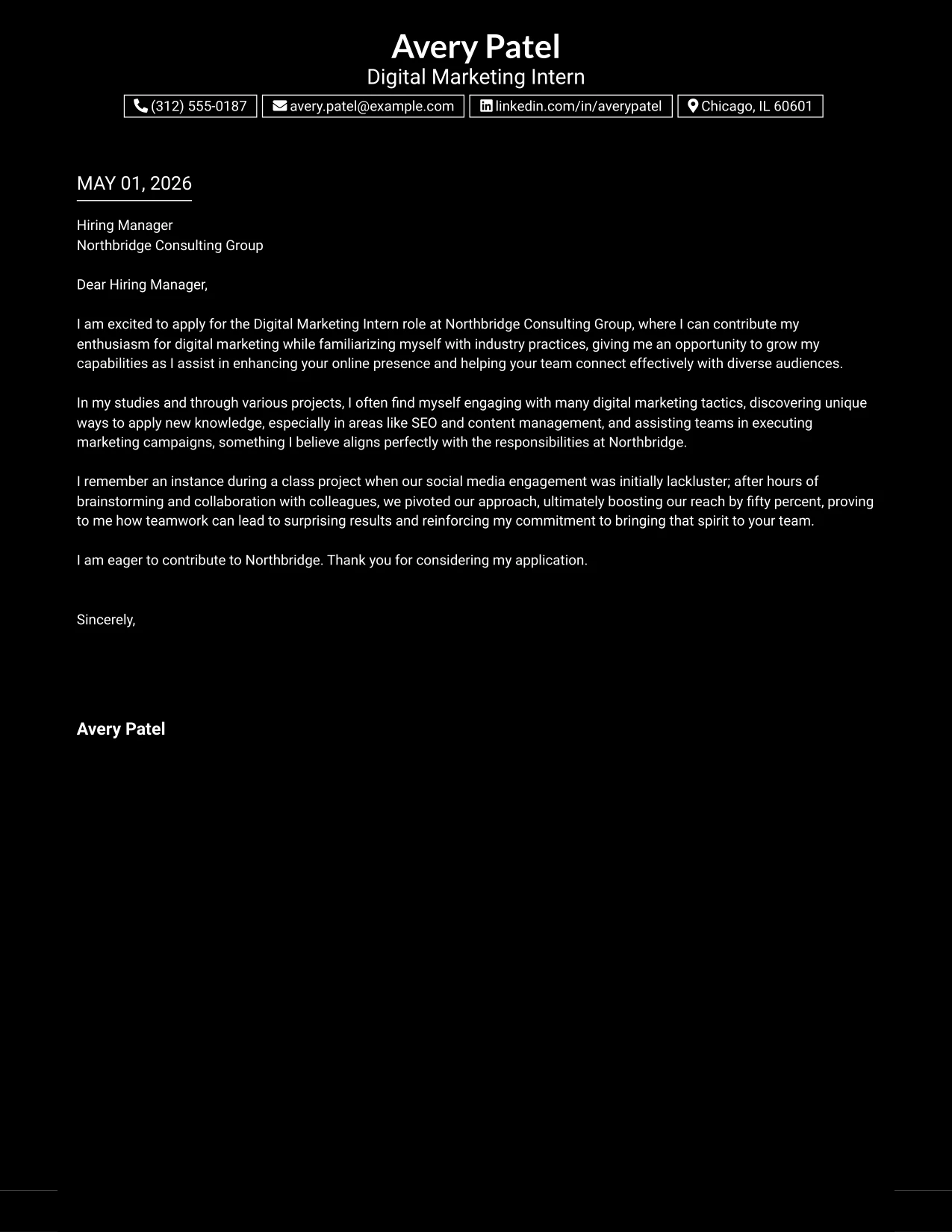 Digital Marketing Intern Cover Letter Example Dark Mode Box Header Format