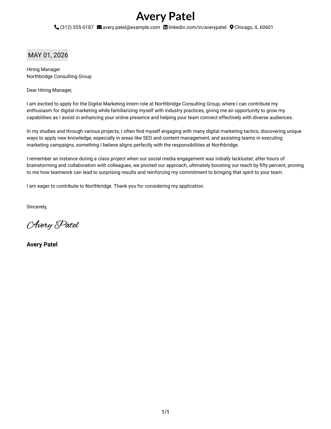 Digital Marketing Intern Cover Letter Example Plain One Column with Highlighted Date