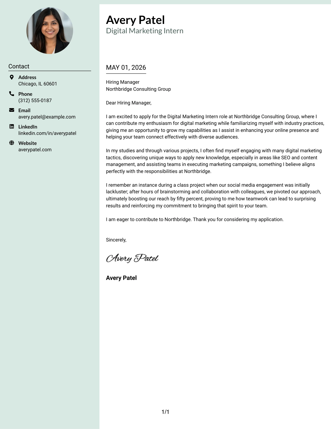 Digital Marketing Intern Cover Letter Example Photo Header Color Sidebar Format