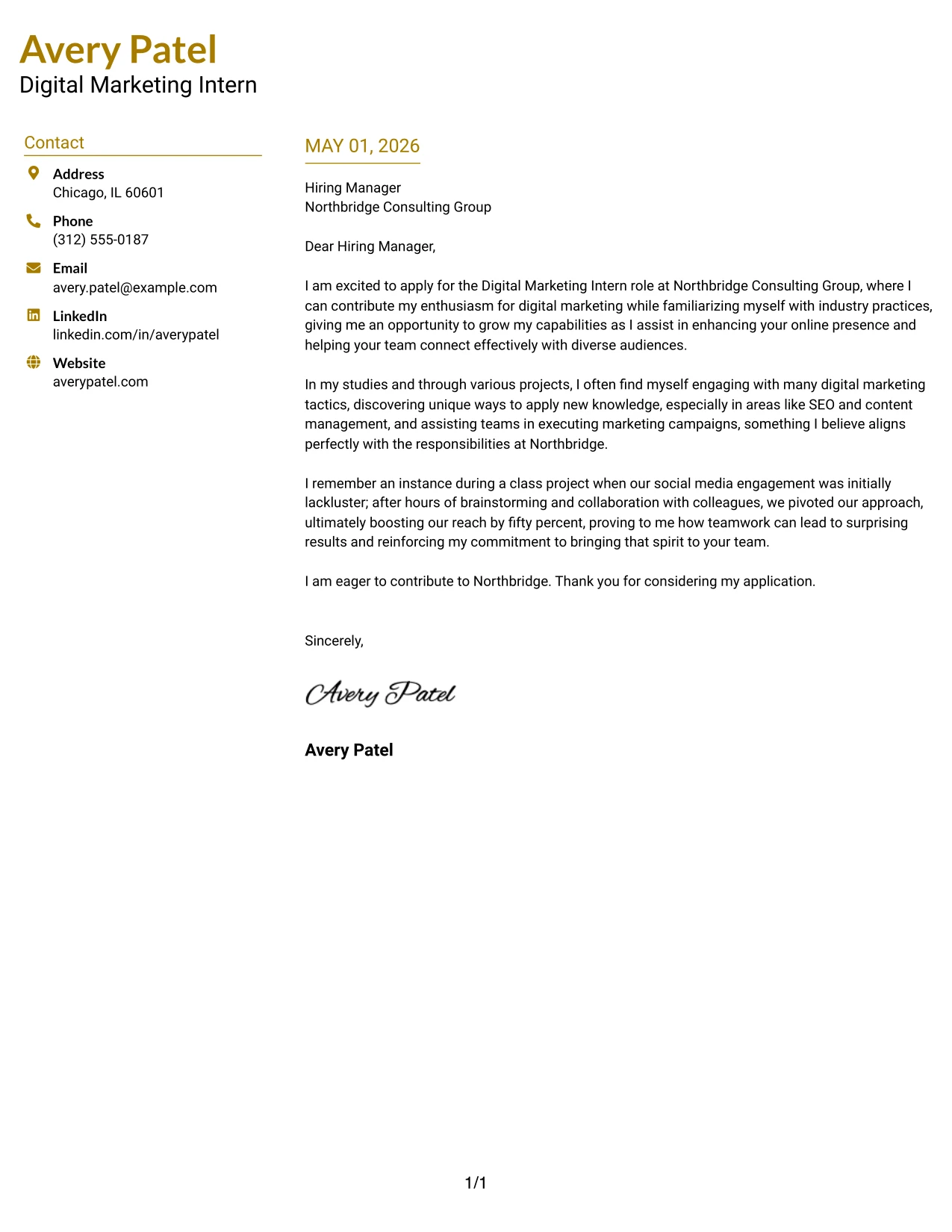 Digital Marketing Intern Cover Letter Example Top Left Header Color Accent Format