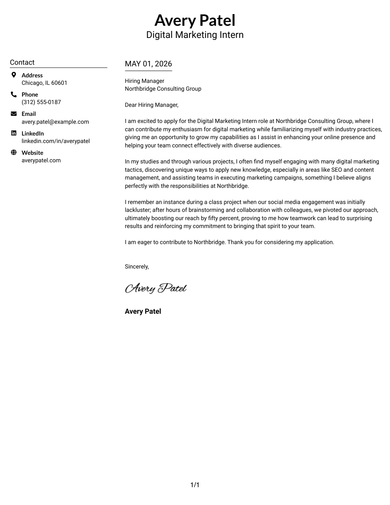 Digital Marketing Intern Cover Letter Example Centered Header Classic Two Column Format