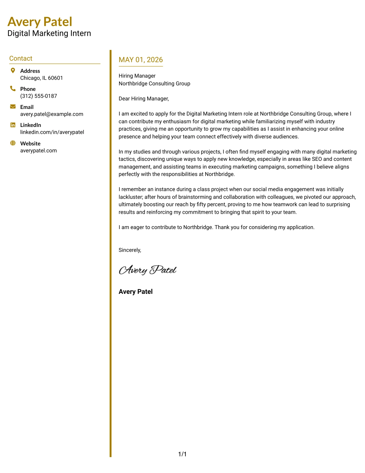 Digital Marketing Internship Cover Letter Example Accent Divider Modern Two Column Format