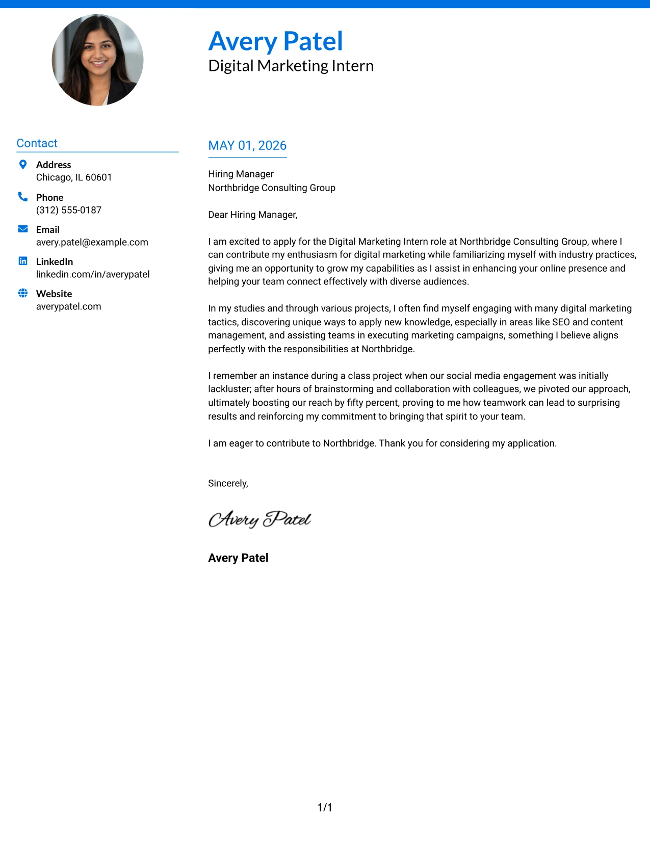 Digital Marketing Internship Cover Letter Example Photo Header Color Accent International Format