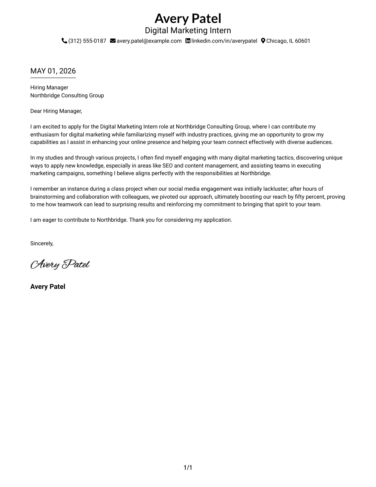 Digital Marketing Intern Cover Letter Example Simple One Column Format