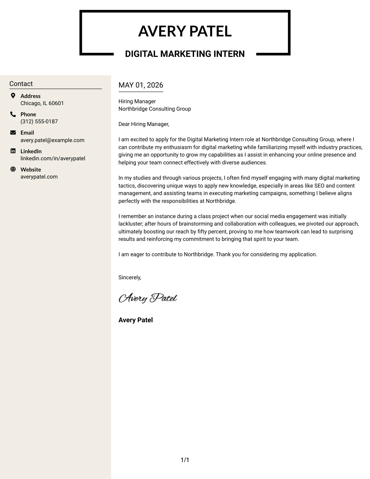 Digital Marketing Intern Cover Letter Example Stylish Two Column Designer Format
