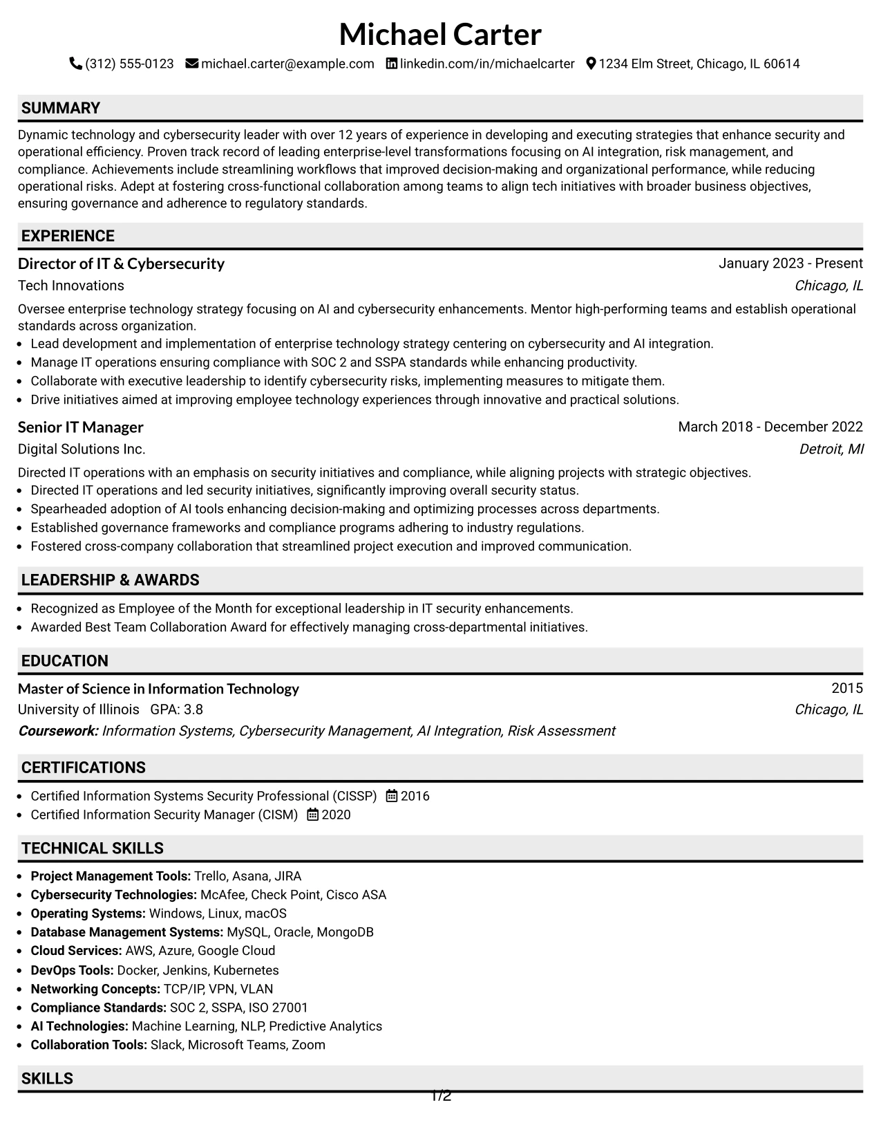 Resume Example Page 1