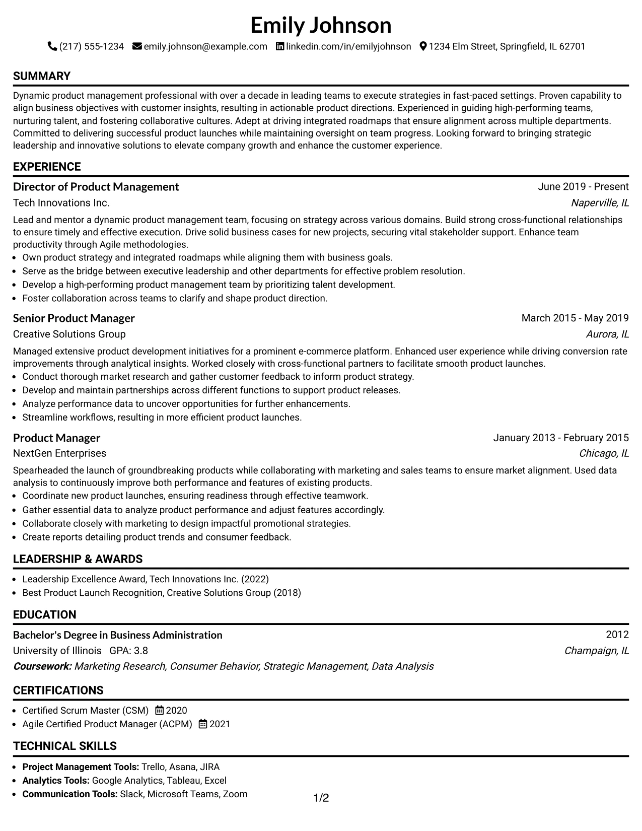 Resume Example Page 1