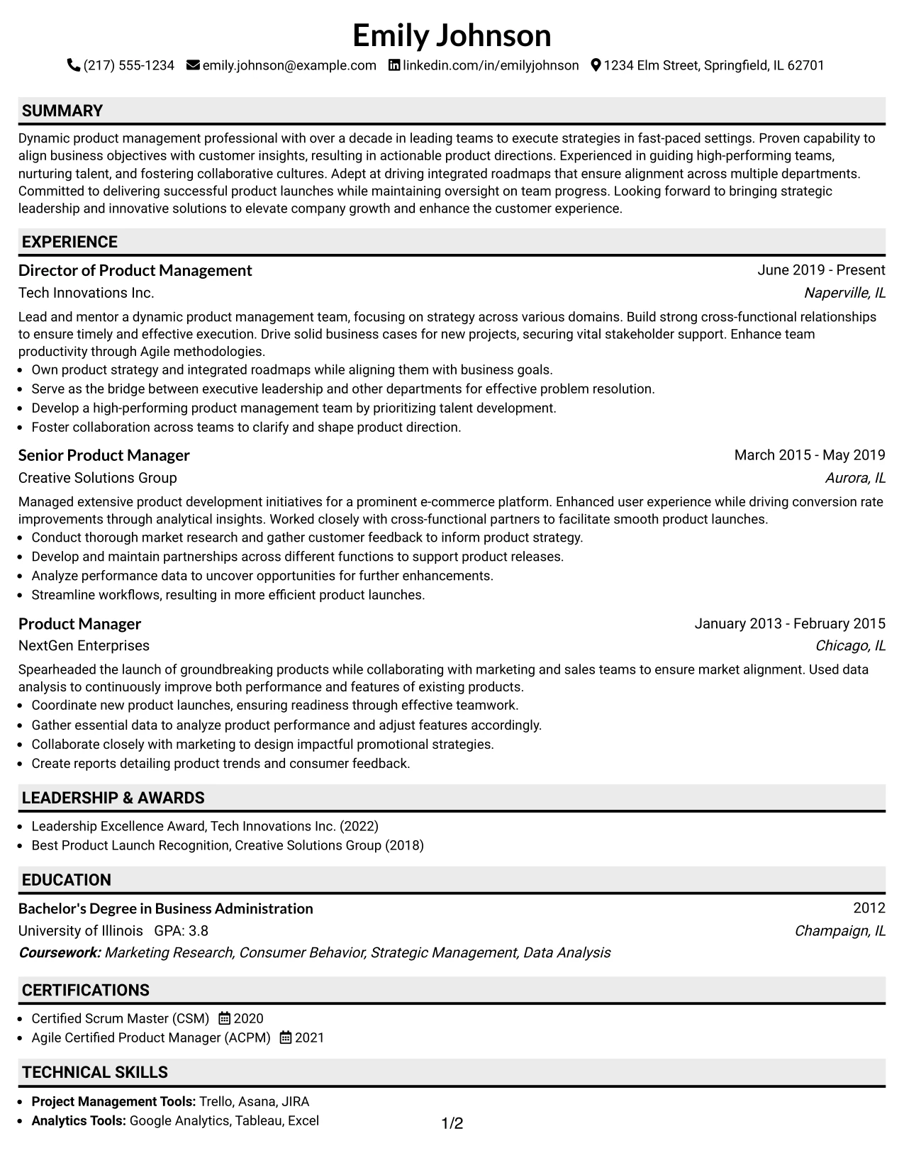 Resume Example Page 1