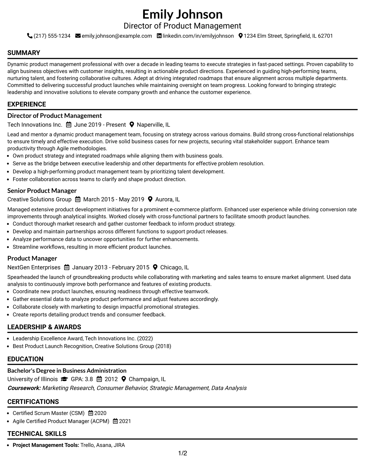 Resume Example Page 1