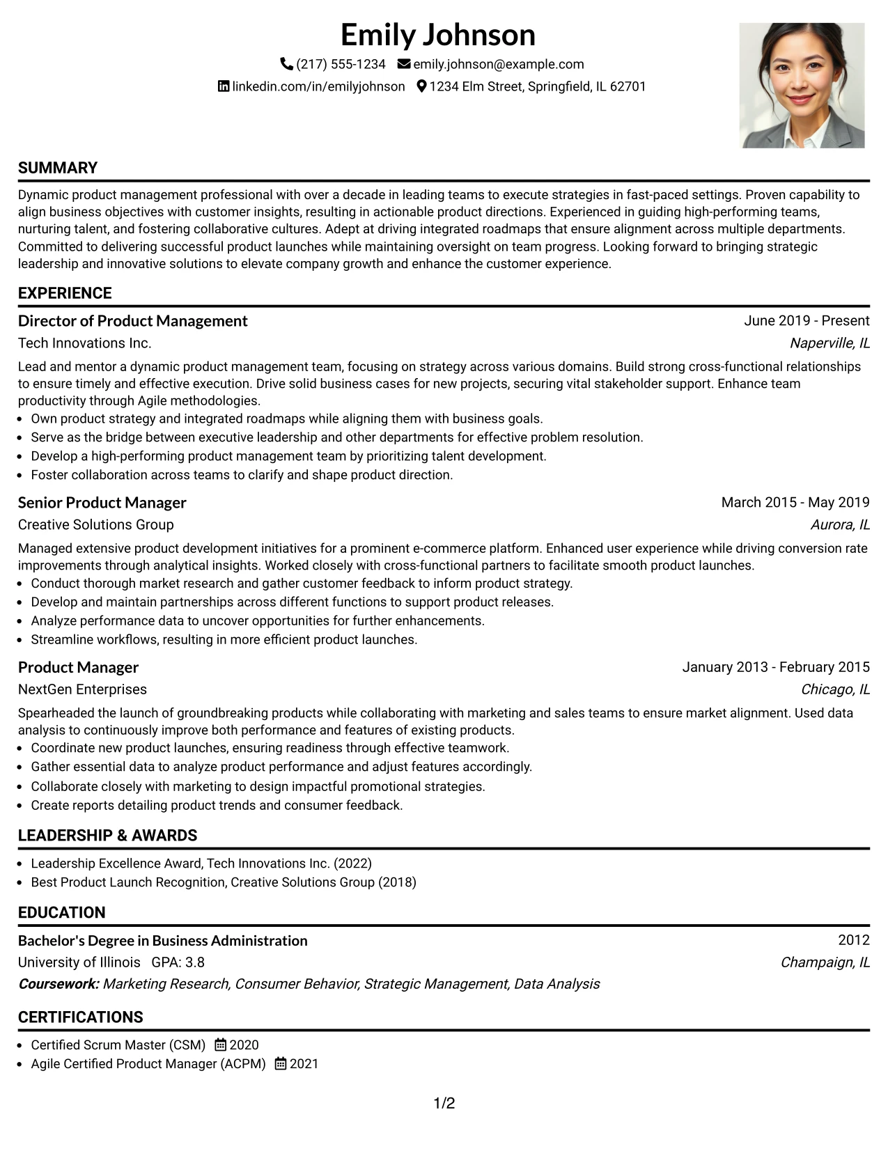 Resume Example Page 1