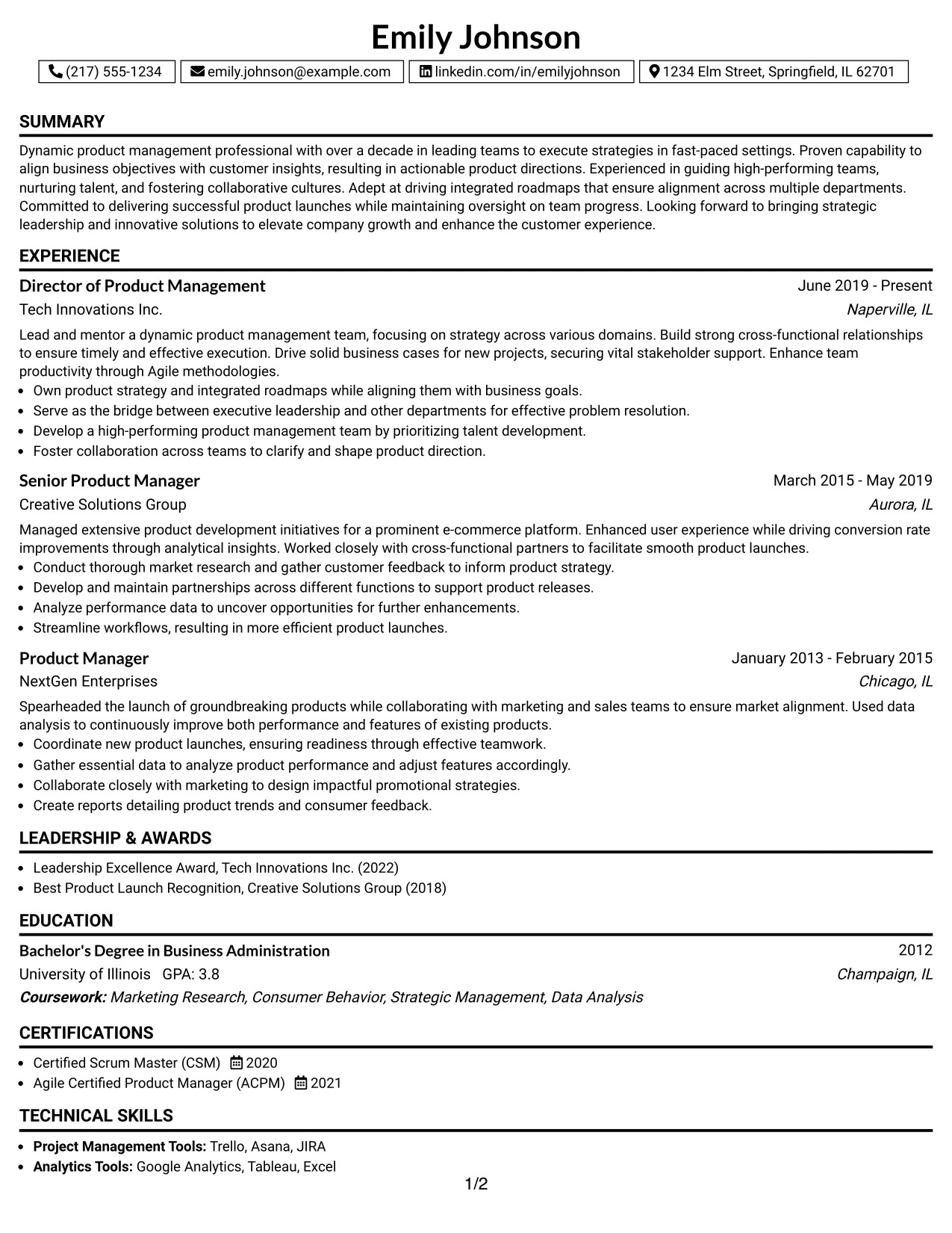 Resume Example Page 1