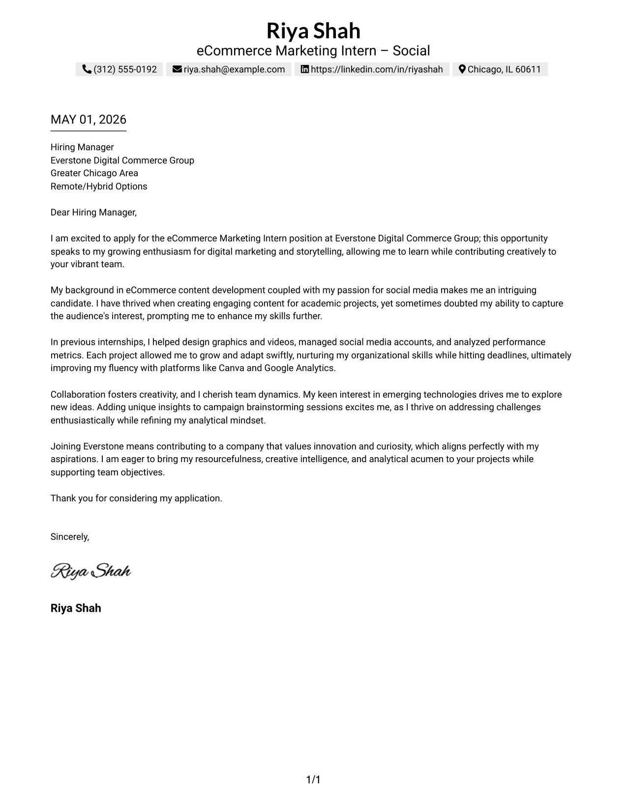 eCommerce Marketing Intern Cover Letter Example
