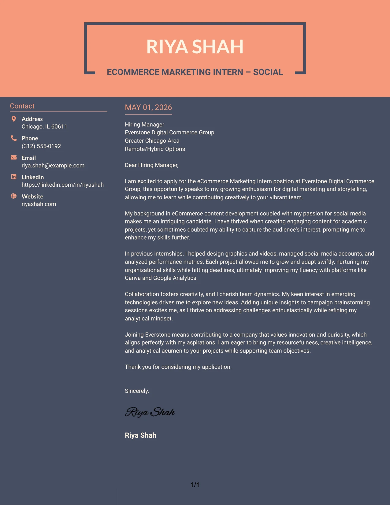eCommerce Marketing Intern Cover Letter Example Creative Two Tone Format