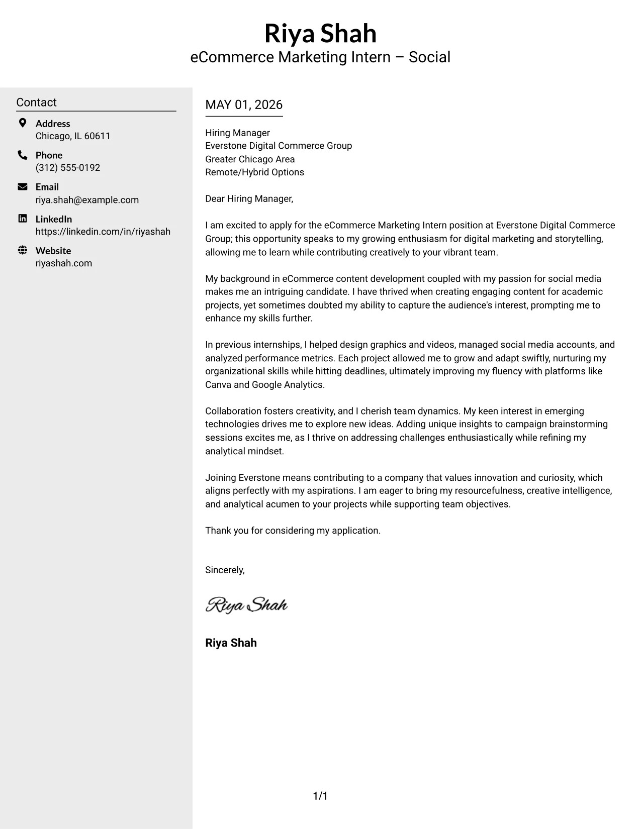 eCommerce Marketing Intern Cover Letter Example Clean Two Column Sidebar Format