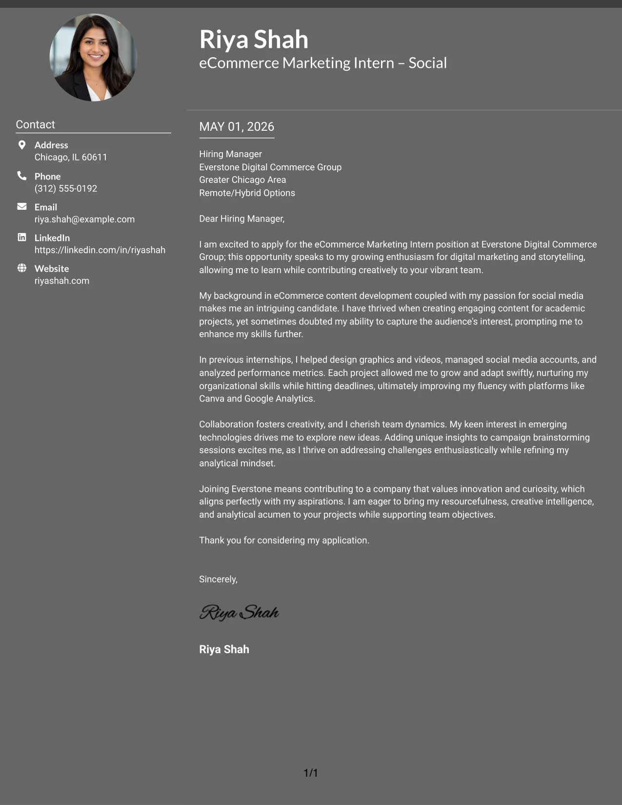 eCommerce Marketing Intern Cover Letter Example Dark Mode Two Column Format