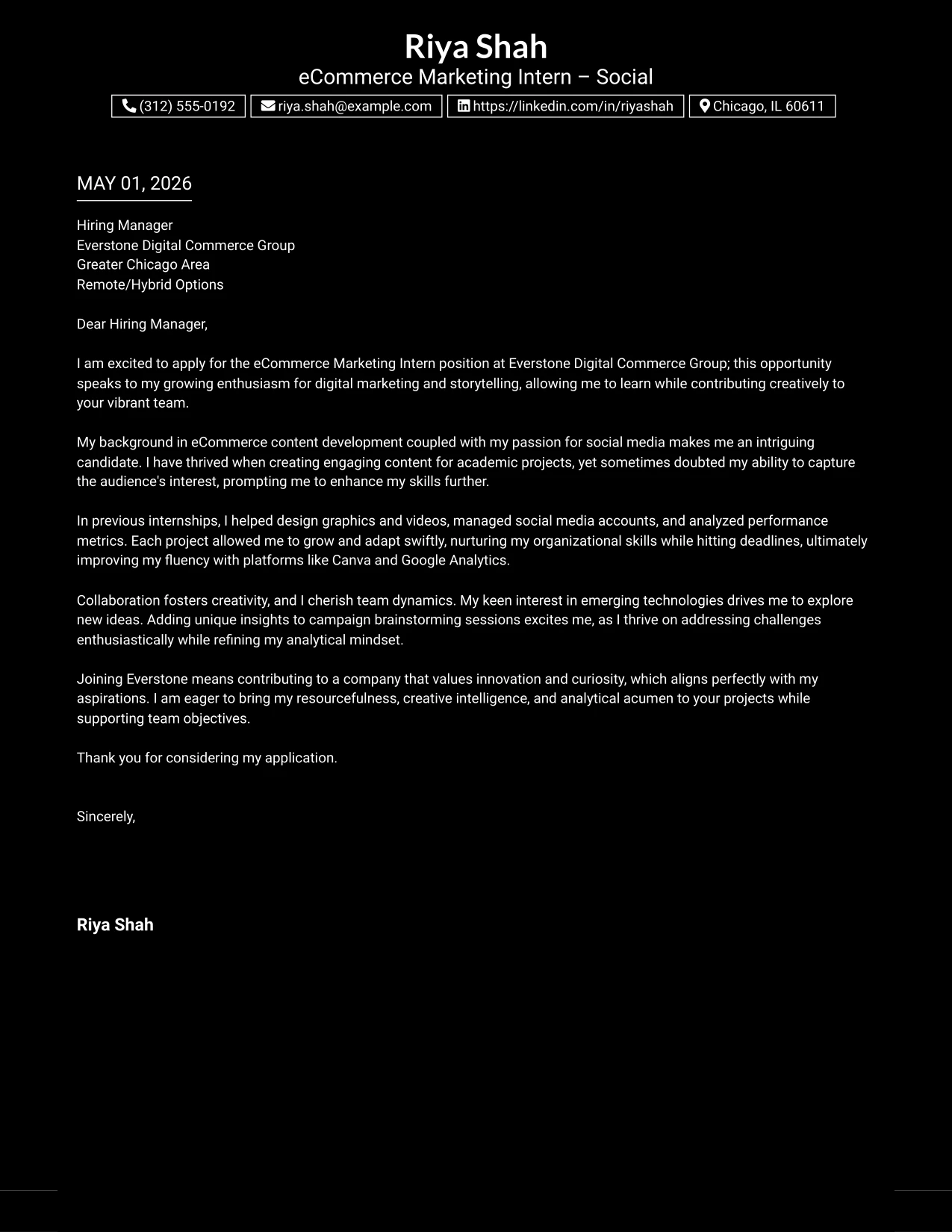 eCommerce Marketing Intern Cover Letter Example Dark Mode Box Header Format