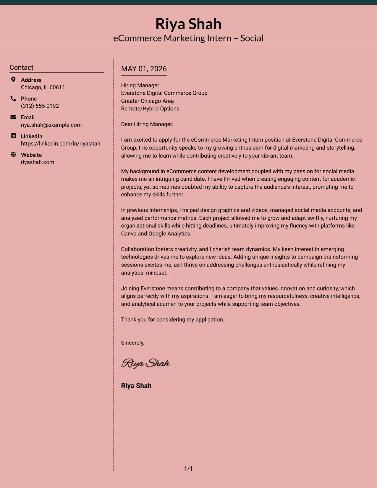 eCommerce Marketing Intern Cover Letter Example Elegant Full Background Two Column Format