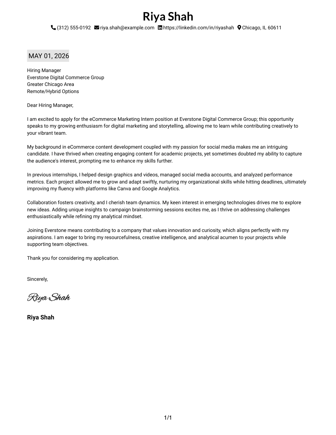 eCommerce Marketing Intern Cover Letter Example Plain One Column with Highlighted Date